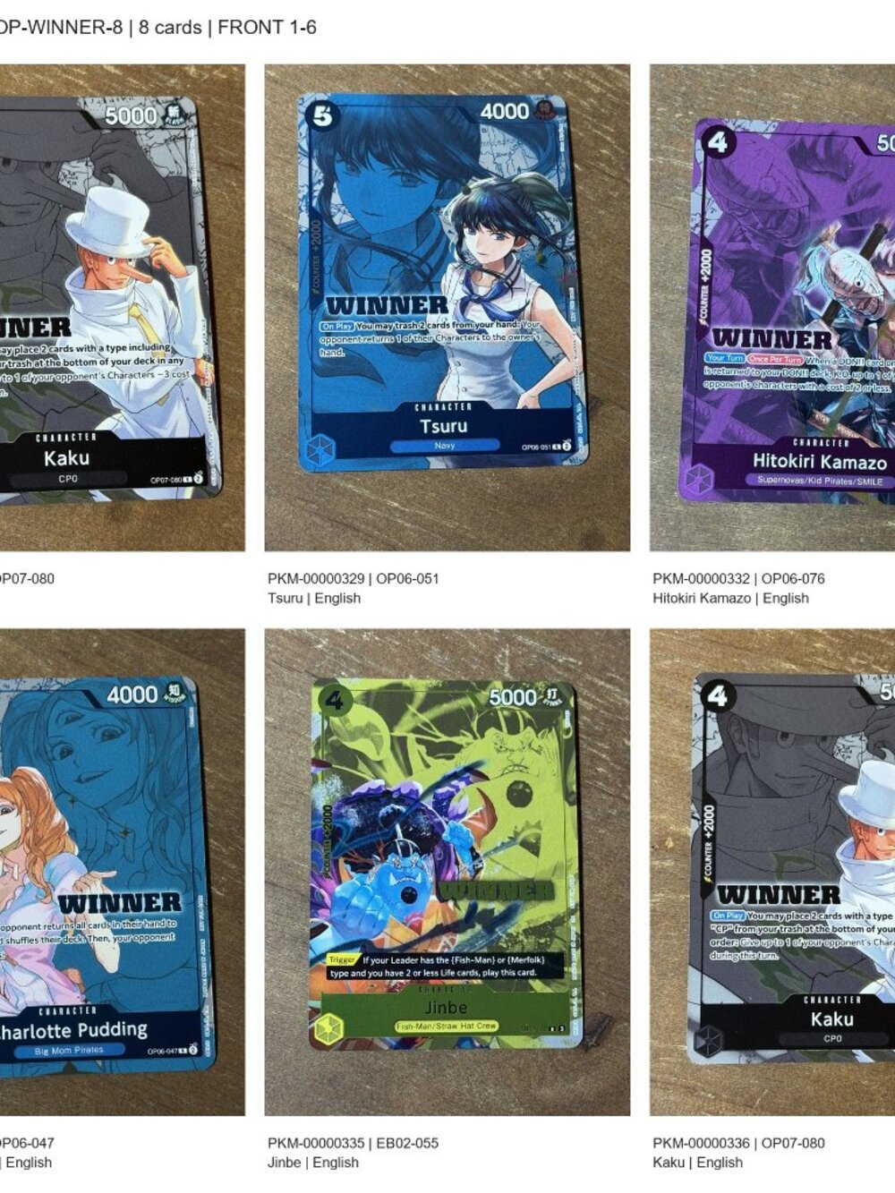 One Piece 8 English WINNER Stamped Cards Kaku Kamazo Tsuru Pudding Jinbe NM